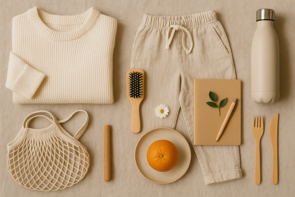 Eco-luxury lifestyle flat lay of sustainable fashion essentials, bamboo accessories, and zero-waste tools on linen backdrop.